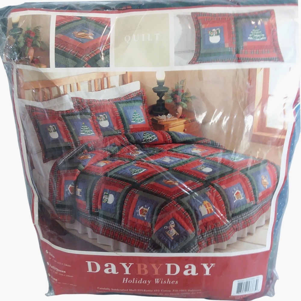 Vintage Day By Day Holiday Wishes Christmas Print Quilt Twin Size 68x86‎ NOS
